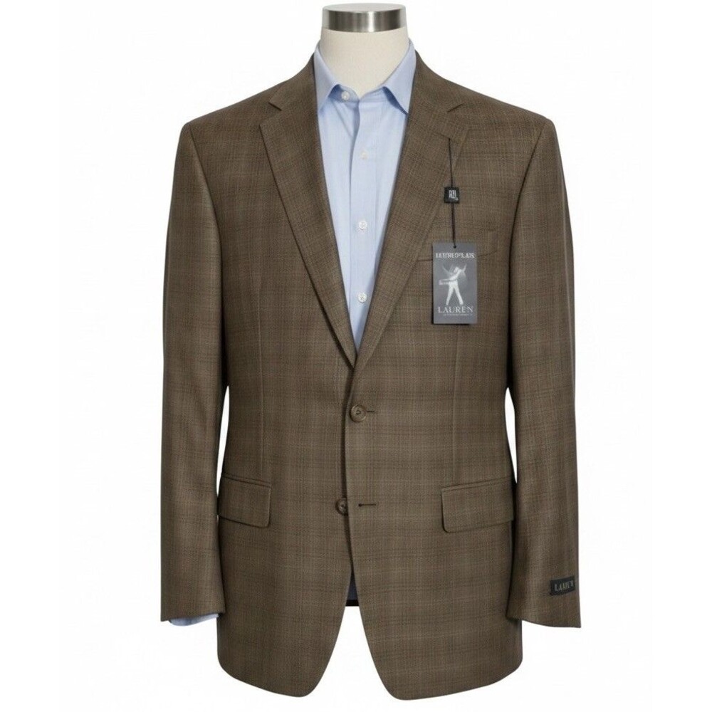 RALPH LAUREN Mens Blazer Sport Coat Two Button Jacket SILK/WOOL 44L Brown Plaid